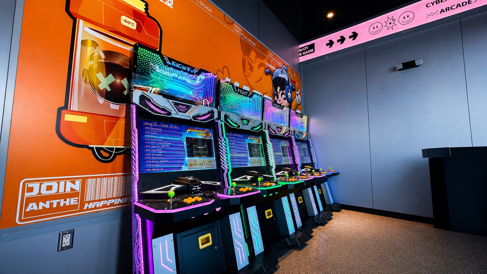 Classic arcade controls inside Cyber Galaxy Arcade