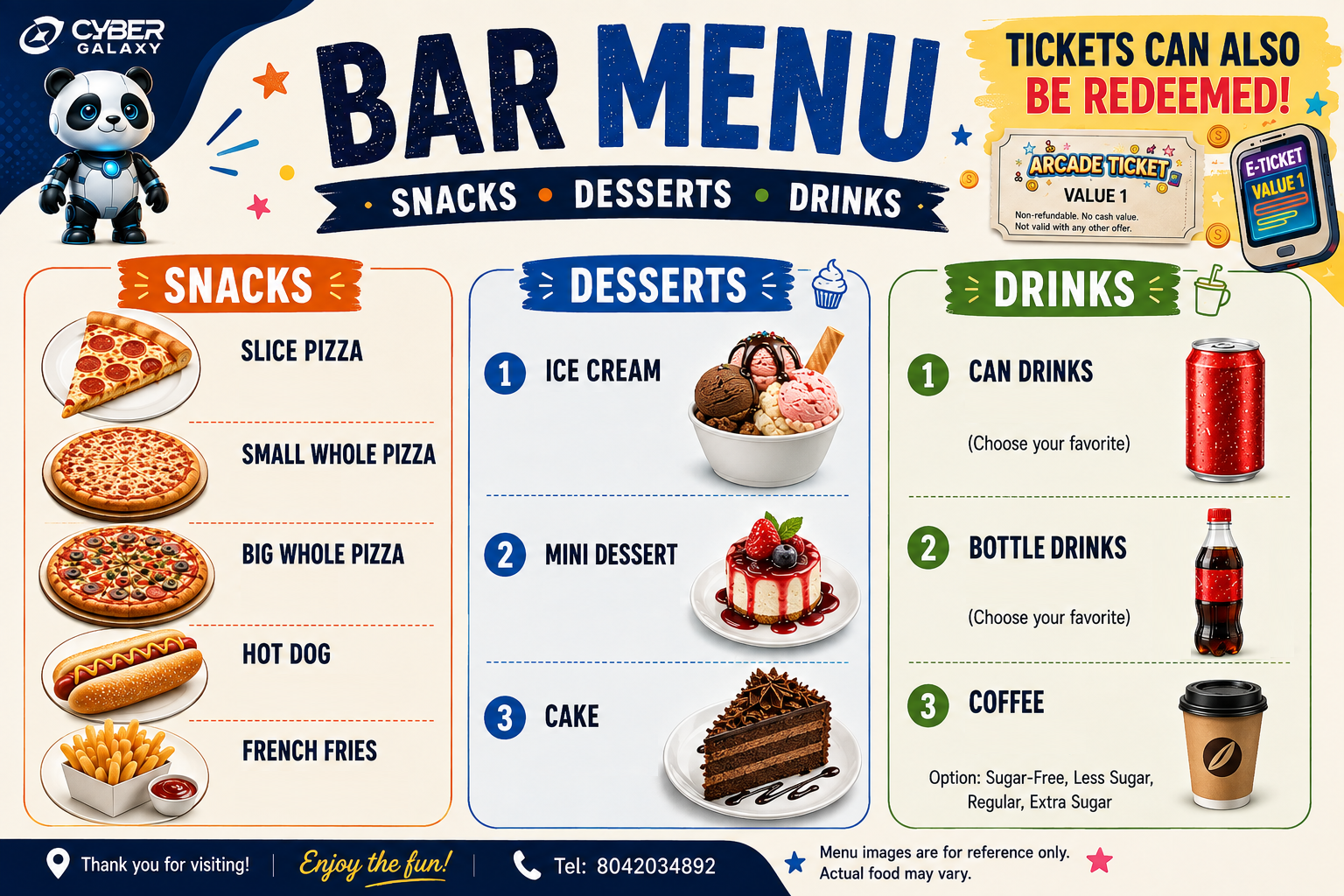 Cyber Galaxy Arcade bar menu with pizza, hot dogs, fries, desserts, and drinks