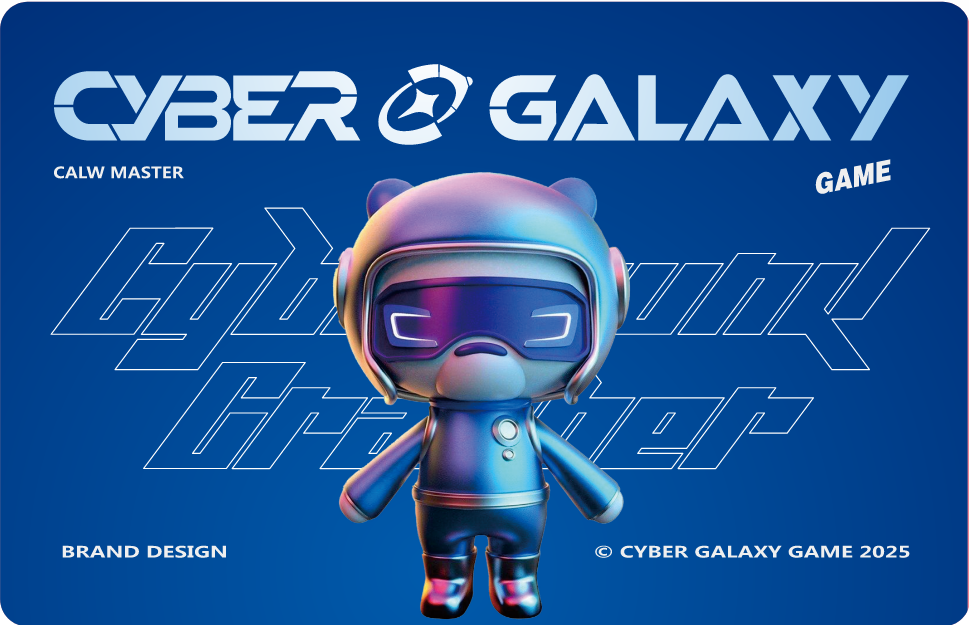Front of the blue Cyber Galaxy membership game card with the Cyber Galaxy mascot
