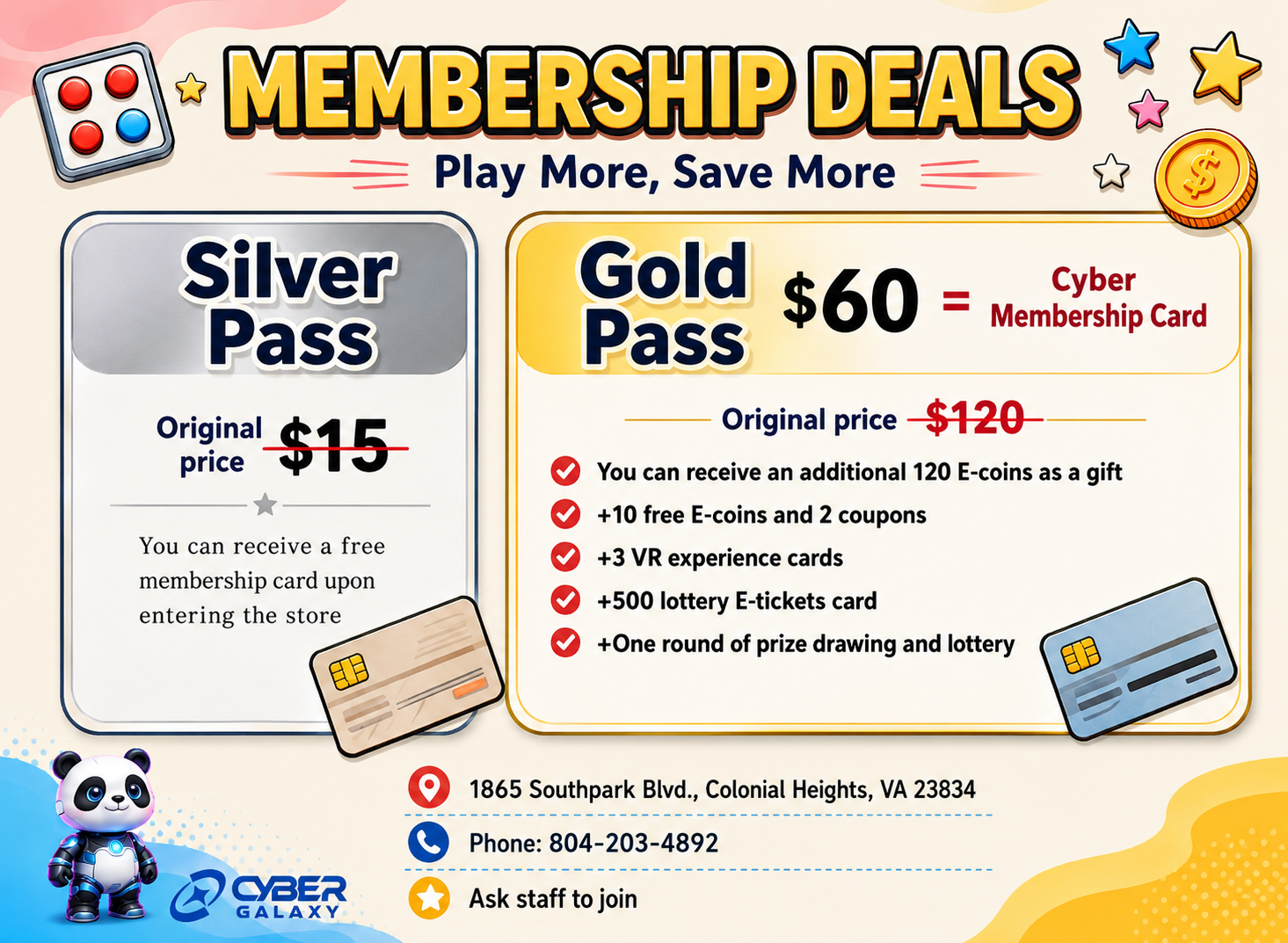 Cyber Galaxy Arcade Silver Pass and Gold Pass membership deal details
