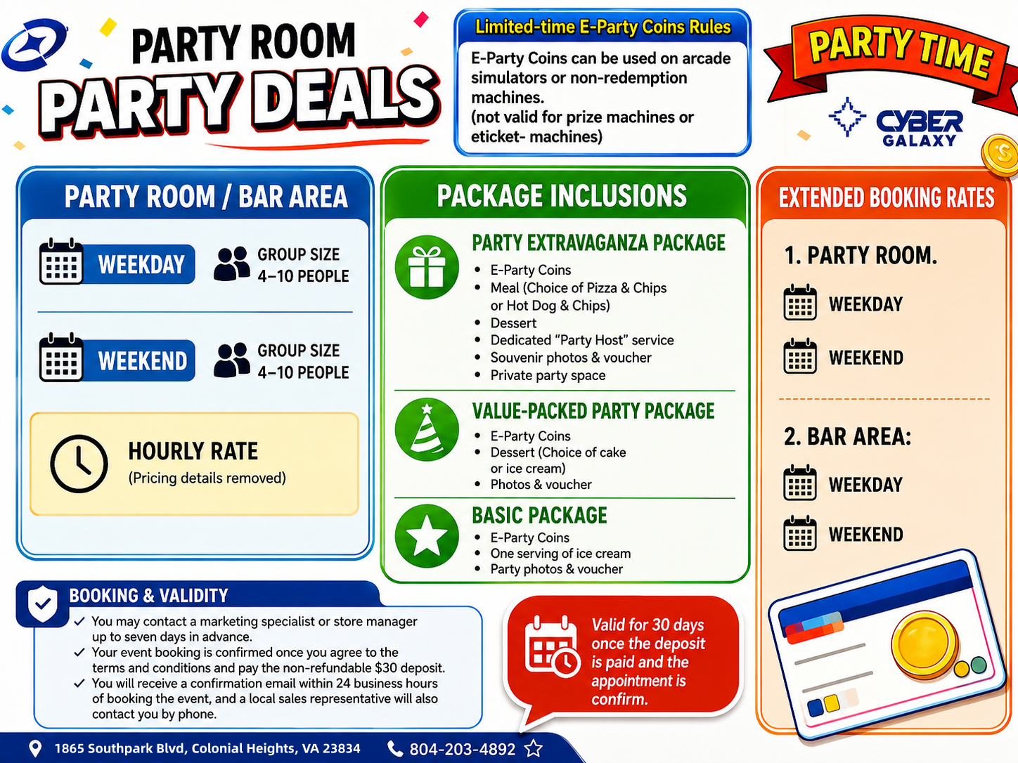 Cyber Galaxy Arcade party room package details