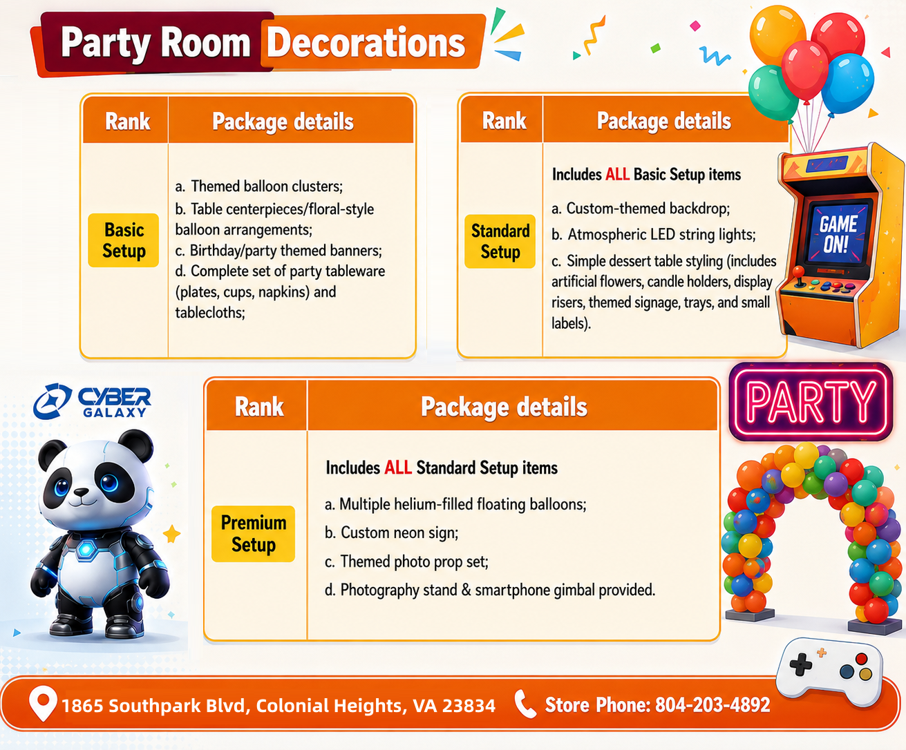 Basic, standard, and premium party room decoration packages